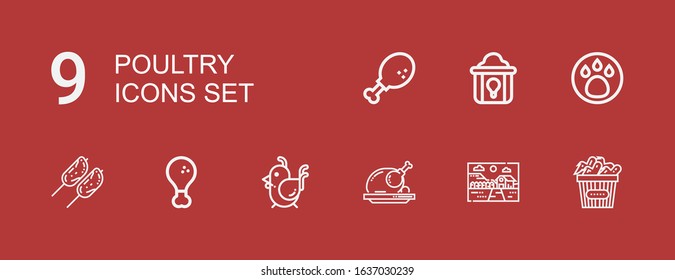 Editable 9 poultry icons for web and mobile. Set of poultry included icons line Chicken, Farm, Roast chicken, Fried chicken, Animal, leg on red background