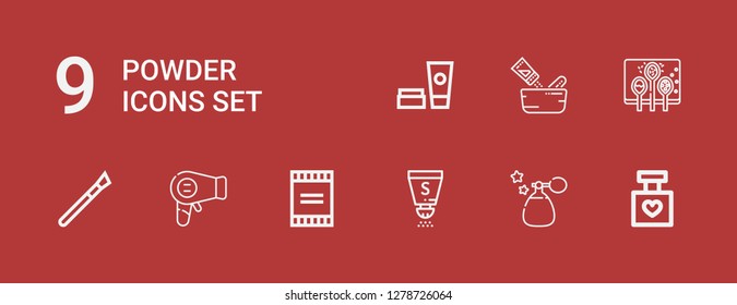 Editable 9 powder icons for web and mobile. Set of powder included icons line Perfume, Salt, Powder, Hairdryer, Makeup, Spices, Seasoning, Cosmetics on red background