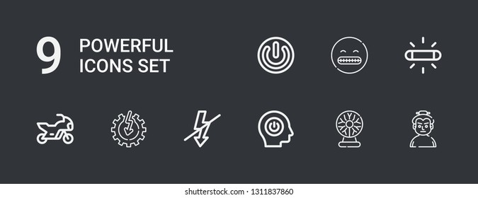 Editable 9 powerful icons for web and mobile. Set of powerful included icons line Sumo, Tesla ball, Power, Flash, Motorbike, Shocked on dark background