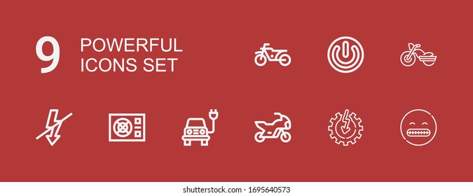 Editable 9 powerful icons for web and mobile. Set of powerful included icons line Shocked, Power, Motorbike, Electric, Flash on red background