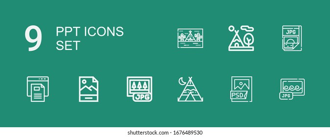 Editable 9 Ppt Icons For Web And Mobile. Set Of Ppt Included Icons Line Jpg, Psd File, Tipi, Text File On Green Background