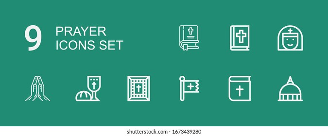 Editable 9 prayer icons for web and mobile. Set of prayer included icons line Vatican, Bible, Christian, Last supper, Praying, Nun on green background
