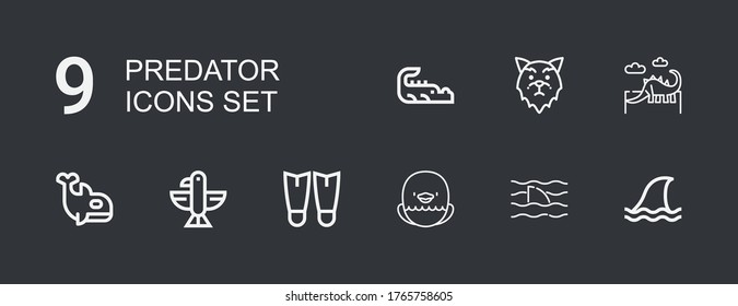 Editable 9 predator icons for web and mobile. Set of predator included icons line Shark, Eagle, Fins, Orca, Dinosaur, Wolf, Crocodile on dark background
