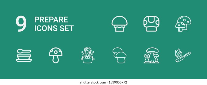 Editable 9 prepare icons for web and mobile. Set of prepare included icons line Flambe, Mushrooms, Mushroom, Soup on green background