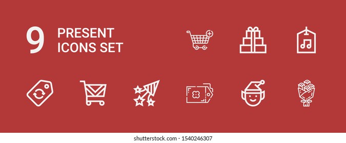 Editable 9 present icons for web and mobile. Set of present included icons line Bouquet, Elf, Tag, Confetti, Shopping cart, Label, Gift on red background