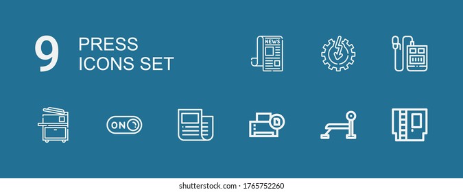 Bearbeitbare 9 Pressekicons für Web und Mobile. Set mit Pressetexten inklusive Icons Zeile Kartridge, Druckerpresse, Drucker, Nachrichten, Einschalten, Kopiermaschine, Voice-Recorder, Strom auf blauem Hintergrund