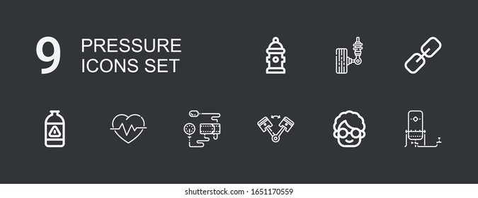 Editable 9 pressure icons for web and mobile. Set of pressure included icons line Oxygen, Grandmother, Piston, Blood pressure gauge, Cardiogram, Gas, Link, Suspension on dark background