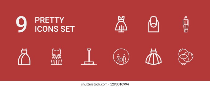 Editable 9 pretty icons for web and mobile. Set of pretty included icons line Ponytail, Dress, Crying, Pole dance, Nails on red background