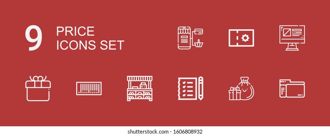 Editable 9 price icons for web and mobile. Set of price included icons line Scanner, Gifts, Shopping list, Store, Barcode, Gift, Online shop, Coupon, Online shopping on red background