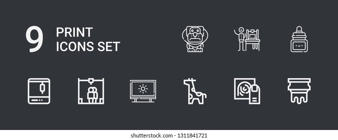 Editable 9 print icons for web and mobile. Set of print included icons line Silkscreen, Fingerprint, Giraffe, Tracing, d printer, Ink, d printing, Dog on dark background