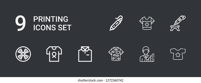 Editable 9 printing icons for web and mobile. Set of printing included icons line Shirt, Analytics, d printing filament, d printing pen on dark background