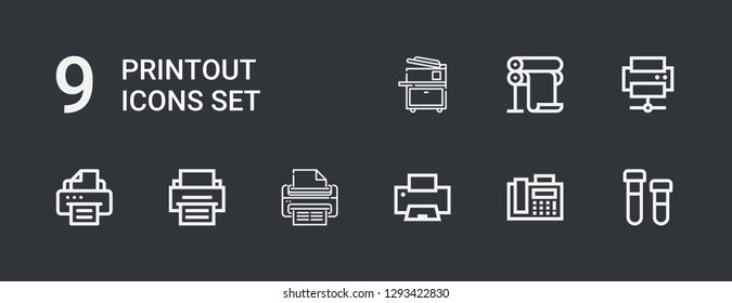 Editable 9 printout icons for web and mobile. Set of printout included icons line Printing, Fax, Printer, Print, Copy machine on dark background