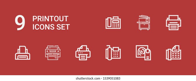 Editable 9 printout icons for web and mobile. Set of printout included icons line Fax, Fingerprint, Printer, Copy machine on red background
