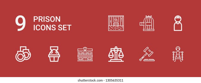 Editable 9 prison icons for web and mobile. Set of prison included icons line Slavery, Law, Justice, Police station, Witness, Handcuffs, Criminal, Bird cage on red background