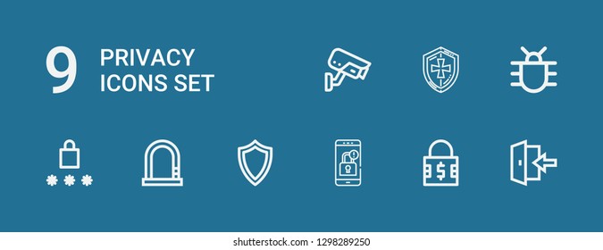 Editable 9 privacy icons for web and mobile. Set of privacy included icons line Login, Padlock, Locked, Shield, Lock, Password, Bug, Cctv on blue background