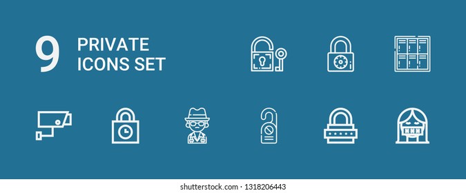 Editable 9 private icons for web and mobile. Set of private included icons line Censor, Lock, Door hanger, Mafia, Padlocks, Security camera, Locker, Padlock on blue background