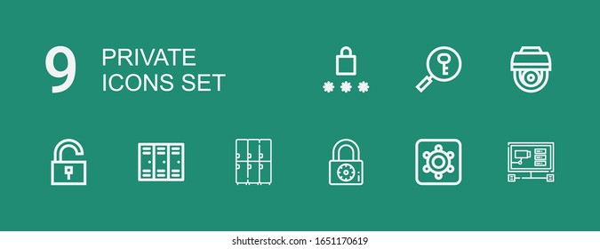 Editable 9 private icons for web and mobile. Set of private included icons line Cctv, Hidden camera, Padlock, Lockers, Unlock, Password on green background