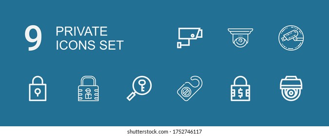 Editable 9 private icons for web and mobile. Set of private included icons line Cctv, Padlock, Door hanger, Password, Lock, Security camera on blue background
