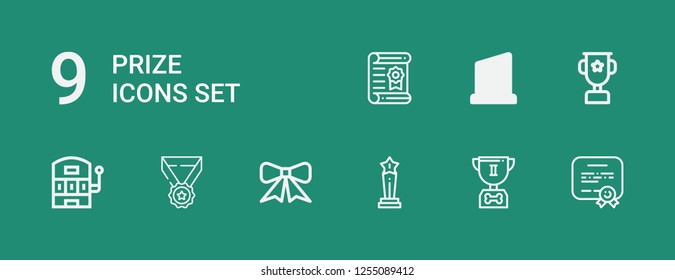 Editable 9 prize icons for web and mobile. Set of prize included icons line Diploma, Trophy, Ribbon, Medal, Slot machine, Certificate on green background