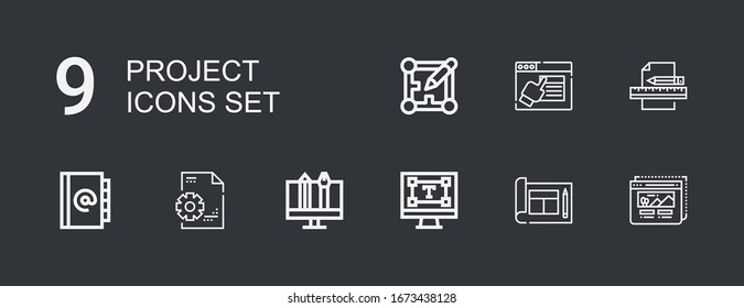 Editable 9 project icons for web and mobile. Set of project included icons line Wireframe, Design, Typography, Graphic design, Management, Agenda, Layout on dark background