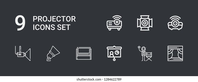 Editable 9 projector icons for web and mobile. Set of projector included icons line Stage, Actor, Projector, Whiteboard, Spotlight on dark background