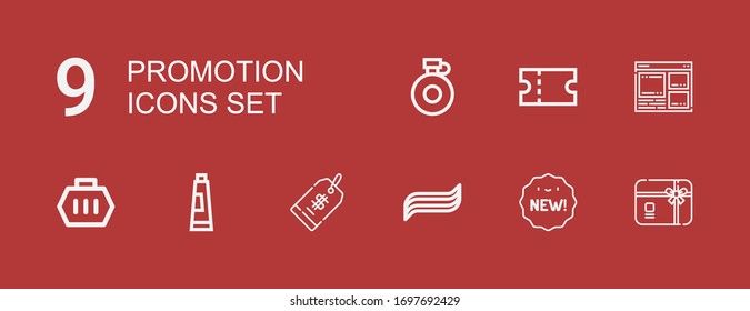 Editable 9 promotion icons for web and mobile. Set of promotion included icons line Gift card, New, Toothpaste, Price tag, Carrier, Web design, Coupon, Canteen on red background