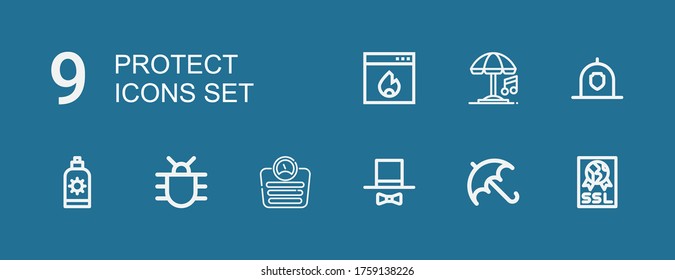 Editable 9 protect icons for web and mobile. Set of protect included icons line Ssl, Umbrella, Hat, Scale, Bug, Sun cream, Helmet, Firewall on blue background