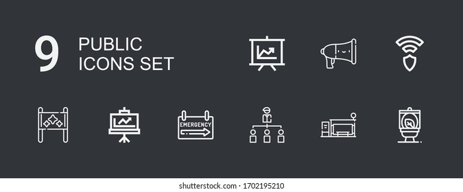 Editable 9 iconos públicos para web y móvil. Conjunto de iconos públicos incluidos línea Wc, parada de bus, grupo, señal de emergencia, Presentación, Placard, Wireless, Altavoz sobre fondo oscuro