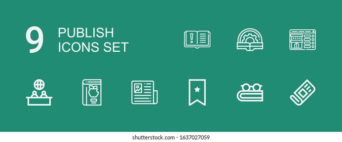 Editable 9 publish icons for web and mobile. Set of publish included icons line Newspaper, Book, Bookmark, News, Booking on green background