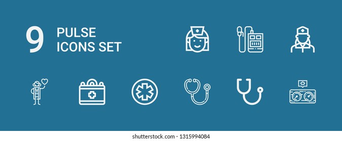 Editable 9 pulse icons for web and mobile. Set of pulse included icons line Pressure, Stethoscope, Pharmacy, Medical, Cardiologist, Nurse, Voice recorder on blue background