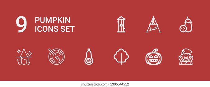 Editable 9 pumpkin icons for web and mobile. Set of pumpkin included icons line Dracula, Pumpkin, Lettuce, Butternut squash, Sour soup, Witch, Aubergine, Cauldron on red background