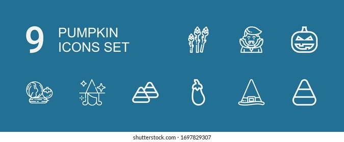 Editable 9 pumpkin icons for web and mobile. Set of pumpkin included icons line Candy corn, Witch, Aubergine, Vegetables, Pumpkin, Dracula, Asparagus on blue background