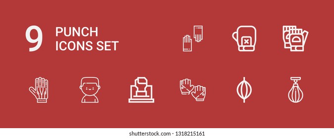 Editable 9 punch icons for web and mobile. Set of punch included icons line Boxing bag, Punching bag, Gloves, Fist, Boxer, Boxing gloves on red background