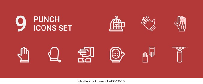 Editable 9 punch icons for web and mobile. Set of punch included icons line Punching bag, Gloves, Glove, Martial arts, Freedom on red background
