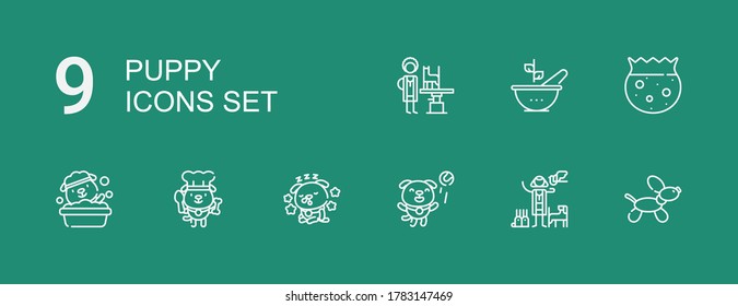 Editable 9 puppy icons for web and mobile. Set of puppy included icons line Dog, Veterinarian, Bowl on green background