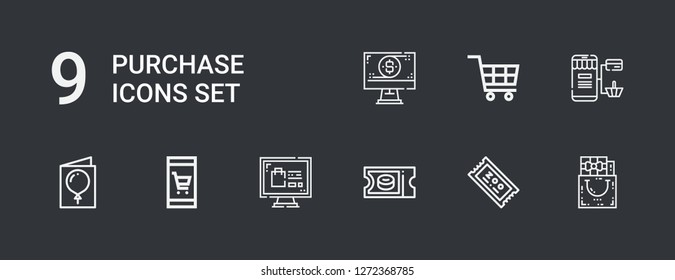 Editable 9 purchase icons for web and mobile. Set of purchase included icons line Gift bag, Ticket, Online shopping, Online shop, Card, Shopping cart on dark background