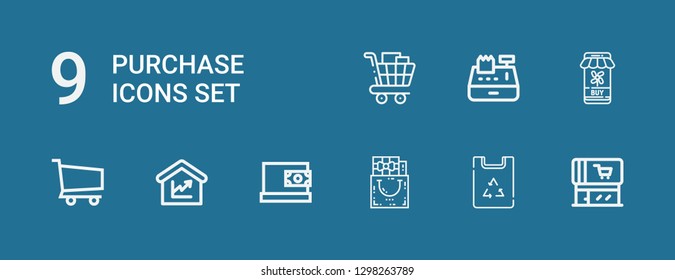 Editable 9 purchase icons for web and mobile. Set of purchase included icons line Supermarket, Paper bag, Gift bag, Online payment, Amount, Shopping cart, Shopping online on blue background