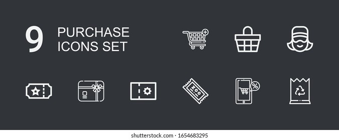 Editable 9 purchase icons for web and mobile. Set of purchase included icons line Paper bag, Online shop, Ticket, Coupon, Gift card, Cashier, Basket, Shopping cart on dark background