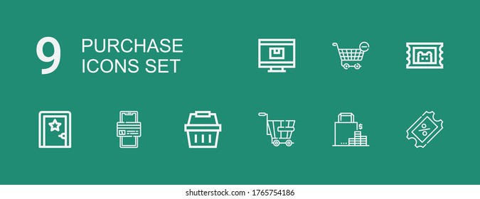 Editable 9 purchase icons for web and mobile. Set of purchase included icons line Coupon, Shopping, Trolley, Shopping basket, Online payment, Dressing room on green background