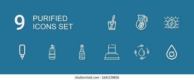 Editable 9 purified icons for web and mobile. Set of purified included icons line Water, Water dispenser on blue background