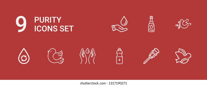 Editable 9 purity icons for web and mobile. Set of purity included icons line Dove, Cane, Water, Save water, Pigeon on red background