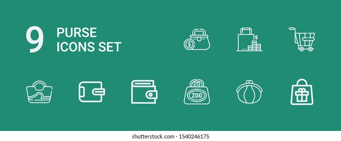 Editable 9 purse icons for web and mobile. Set of purse included icons line Bag, Purse, Wallet, Trolley, Shopping on green background