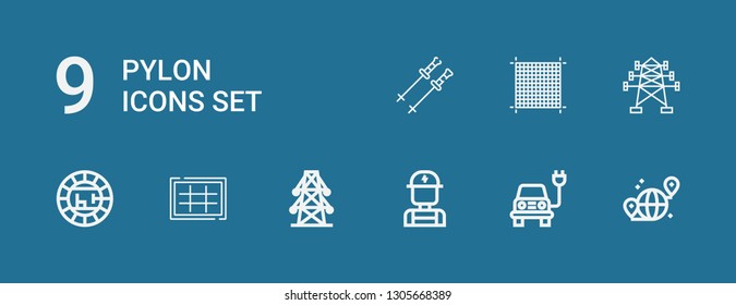 Editable 9 pylon icons for web and mobile. Set of pylon included icons line Grid, Electric, Electrician, Electric tower, Poles on blue background