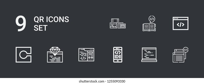 Editable 9 qr icons for web and mobile. Set of qr included icons line Coding, Code, Scan on dark background