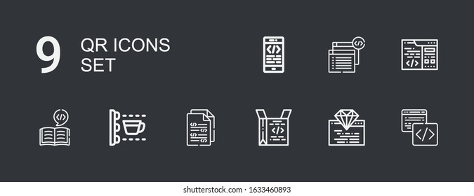 Editable 9 qr icons for web and mobile. Set of qr included icons line Code, Coding, Scan on dark background