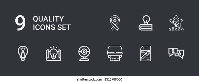 Editable 9 quality icons for web and mobile. Set of quality included icons line Question, Test, Toilet paper, Webcam, Idea, Satisfaction, Ribbon on dark background