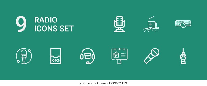 Editable 9 radio icons for web and mobile. Set of radio included icons line Fernsehturm berlin, Microphone, Advertisement, Headphones, Audio player, Amplifier on green background