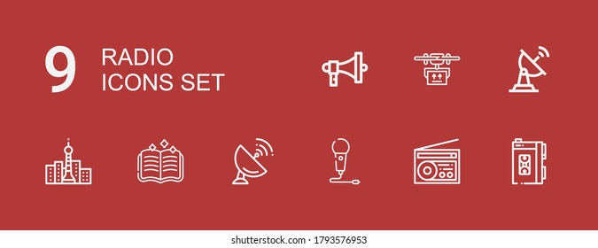 Editable 9 radio icons for web and mobile. Set of radio included icons line Walkman, Radio, Microphone, Antenna, Spellbook, Tower, Satellite dish, Drone, Megaphone on red background