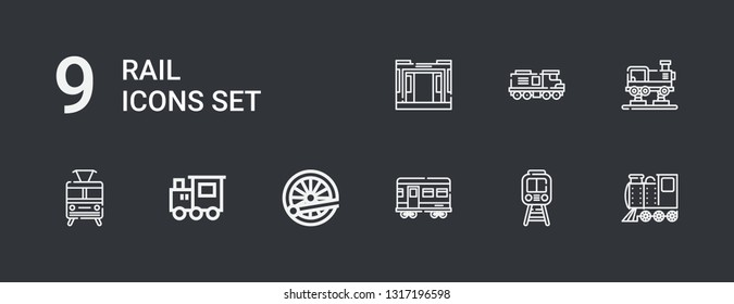 Editable 9 rail icons for web and mobile. Set of rail included icons line Locomotive, Train on dark background