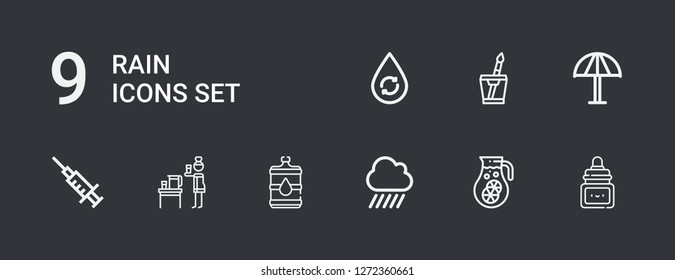 Editable 9 rain icons for web and mobile. Set of rain included icons line Ink, Water, Rain, Blood, Umbrella on dark background